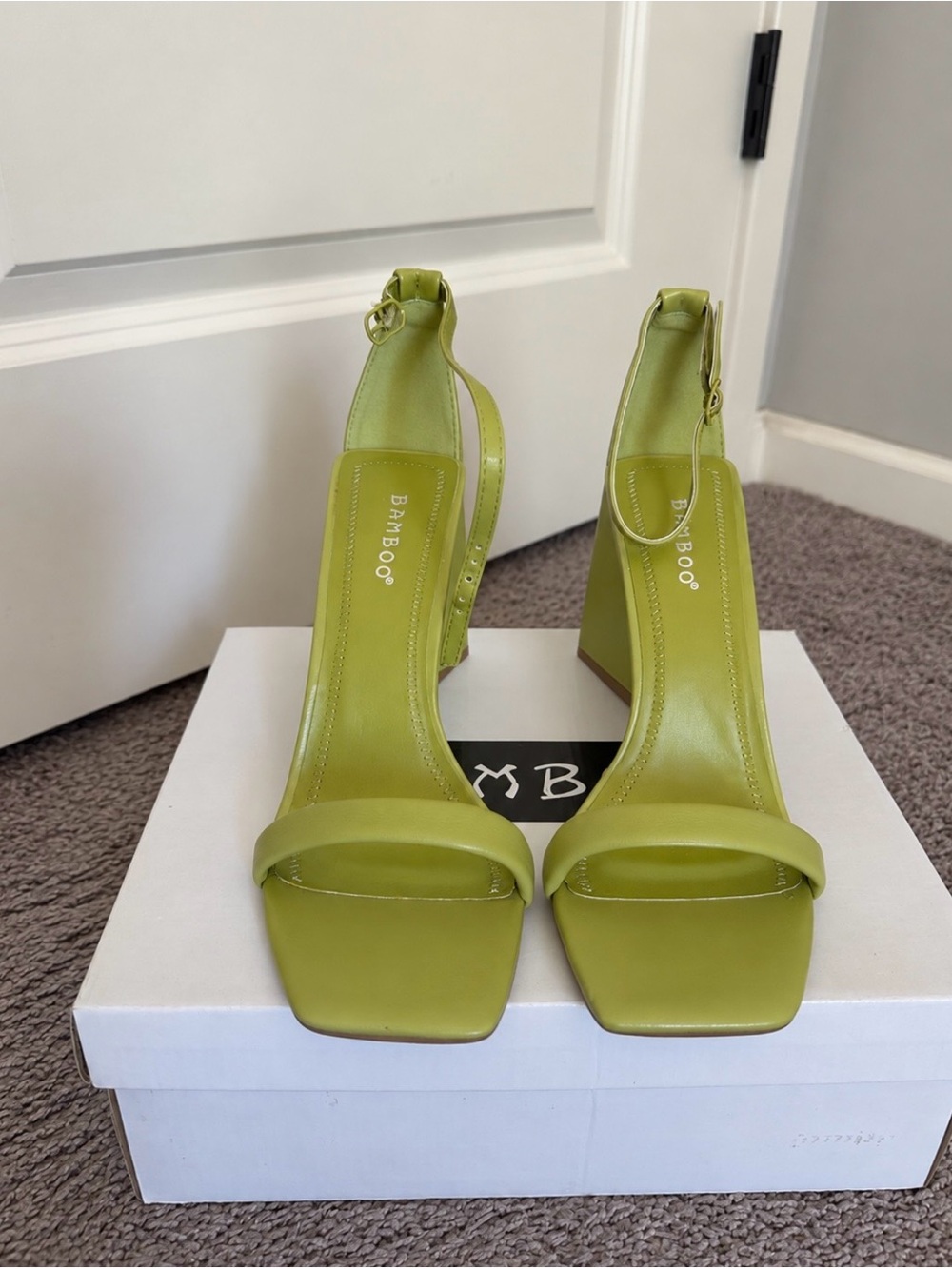 BAMBOO Lime Green Square-Toe Ankle-Strap Block Heels